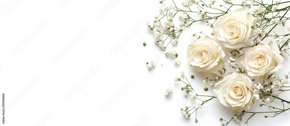 Aufkleber cream roses and gypsophila flowers arranged in a corner set against a white background. with copy sp