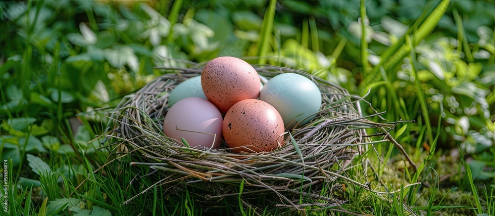 Leinwandbilder eggs in a nest on green grass the concept of the easter holiday. with copy space image. place for ad