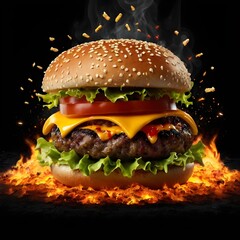 Cheesy chicken burger with melting slice, textured table, soft backlight, slight tilt