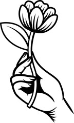A hand holding a flower design illustration in a vintage woodcut retro tattoo style