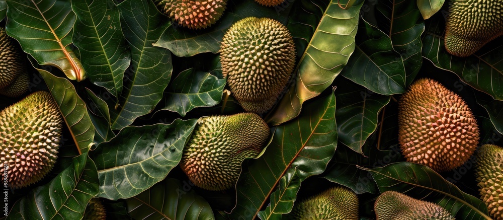 Poster The tree s age Dried jackfruit and fresh green leaves from pink against a black background Environmental changes the concept of top view. with copy space image. Place for adding text or design