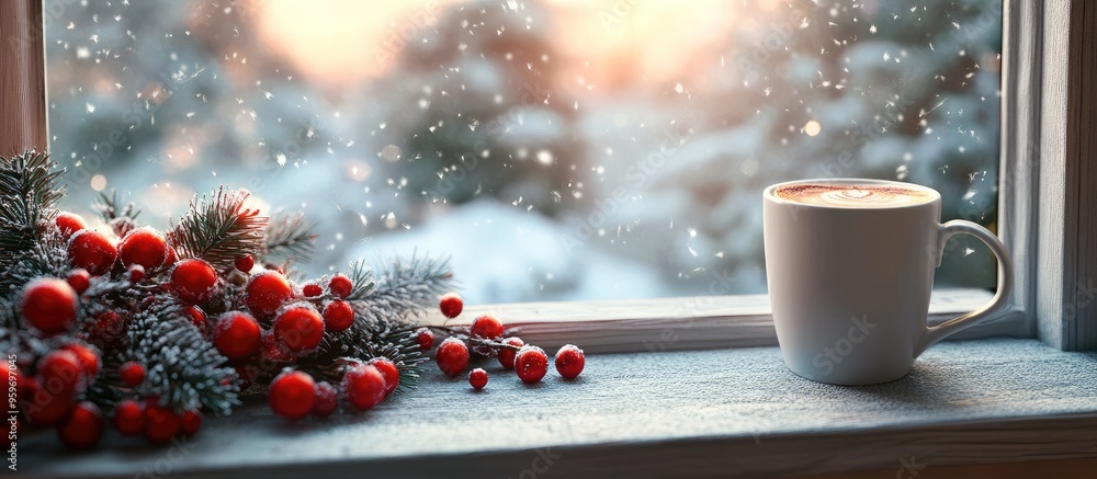 Aufkleber christmas arrangement with coffee on the windowsill concept for a holiday greeting card. with copy s