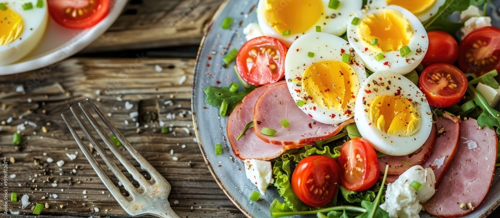 Leinwandbilder ketogenic diet hard boiled eggs ham mozzarella cheese and fresh salad keto breakfast brunch top view