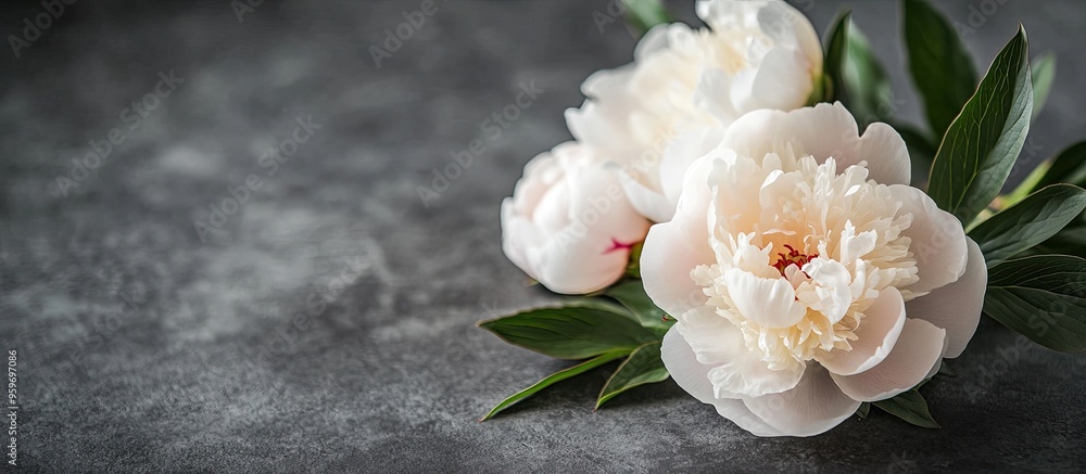 Poster White peony and blank card on dark gray background. with copy space image. Place for adding text or design