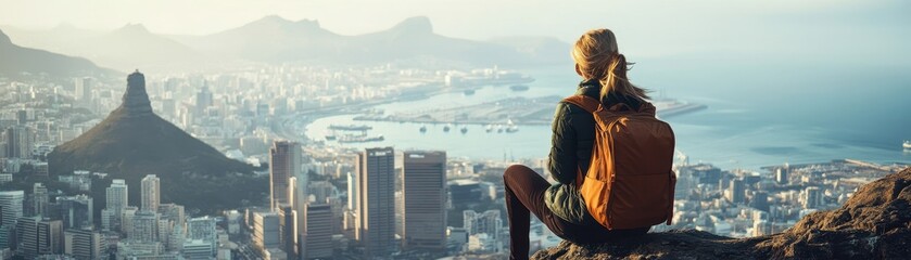 Fototapeta premium Woman with Backpack Overlooking Cityscape and Mountains at Sunrise from a High Vantage Point