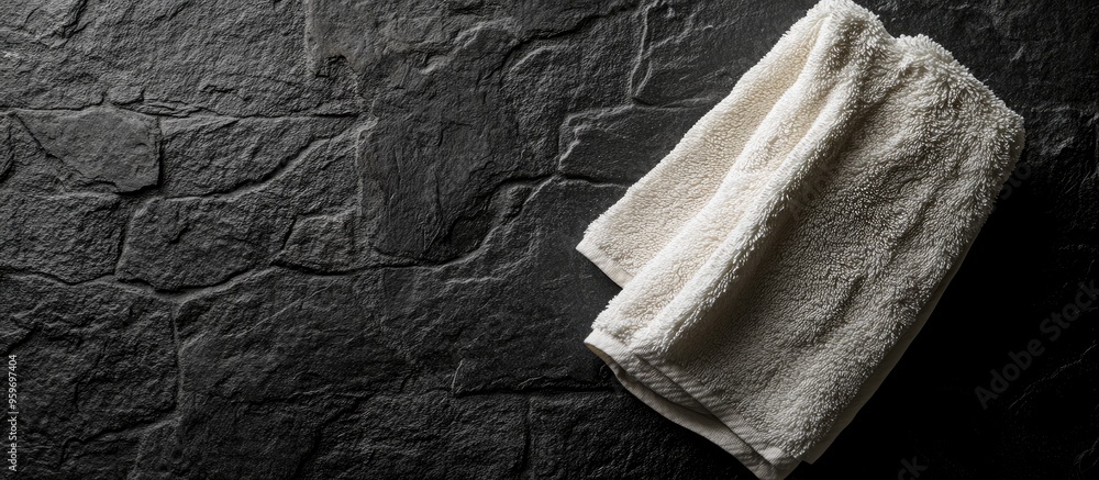 Poster Soft terry towel on a black textured background viewed from above Room for text. with copy space image. Place for adding text or design