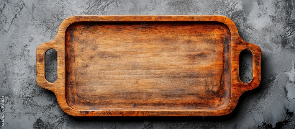 Poster Top view of a wooden serving tray on a concrete background Blank area for your design. with copy space image. Place for adding text or design