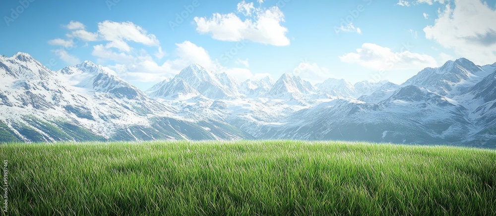 Aufkleber A grassy field in front of snow covered mountains. with copy space image. Place for adding text or design