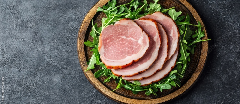 Poster fresh pork ham slices on a wooden plate accompanied by arugula salad gray background top view copy s
