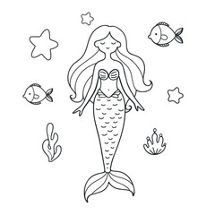 Cute mermaid hand drawn coloring page vector illustration