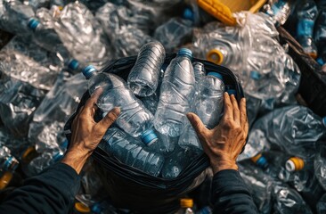A person is holding a plastic water bottle in his hand and taking it out of a bag to recycle, with many empty plastic water bottles on top. This photo was taken from above.