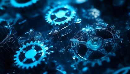 Close-up of Blue Illuminated Cogwheels in a Mechanical System