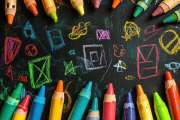 Obraz premium Back to school concept banner. Colorful crayons, vibrant drawing on a blackboard.