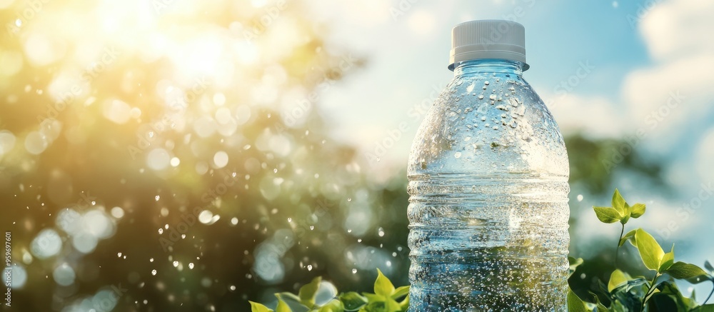 Aufkleber plastic bottle filled with water against a blurry background of the sky and trees suitable for wallp