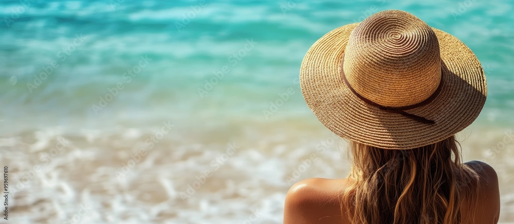 Poster Woman with a straw hat at the beach. with copy space image. Place for adding text or design