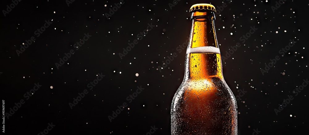 Poster brown beer bottle clipping path on a black background with bright edges and foam. with copy space im