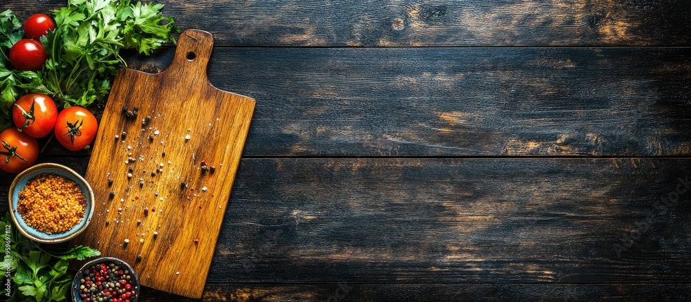 Poster Prepare a meal Create a mock up for a menu or recipe Wooden cutting board positioned next to ingredients on a dark wooden background top view. with copy space image. Place for adding text or design