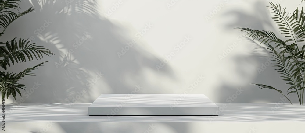 Poster Abstract minimal nature scene featuring an empty stage and square podium against a gray background with soft shadows of tree leaves A pedestal for showcasing cosmetic products and packaging mockups