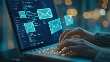 Obraz premium Hands Typing on Laptop with Email Icons and Code on Screen in a Modern Office Setting