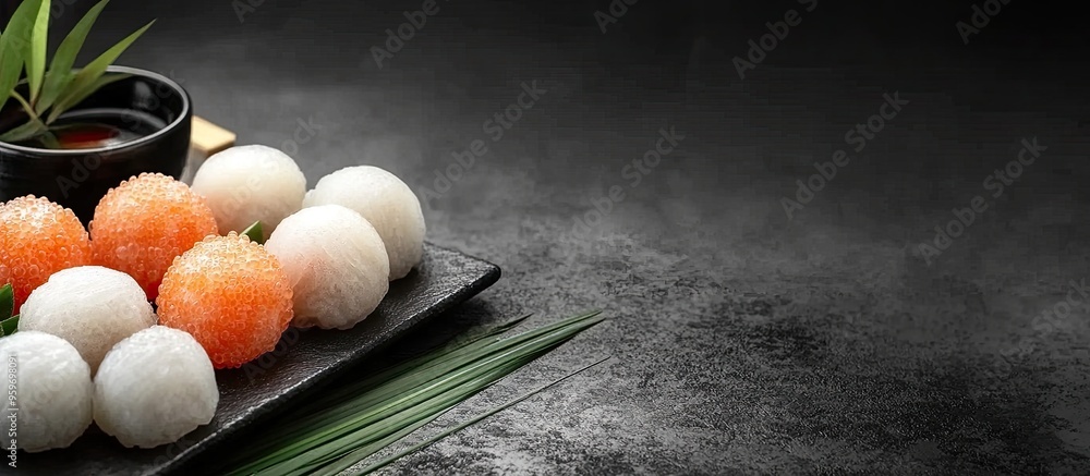 Poster a selection of konjac konnyaku well known japanese dietary food. with copy space image. place for ad