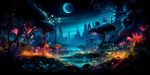 Obraz premium bioluminescent jungle at night, with fluorescent plants and animals creating an otherworldly, neon-lit atmosphere.