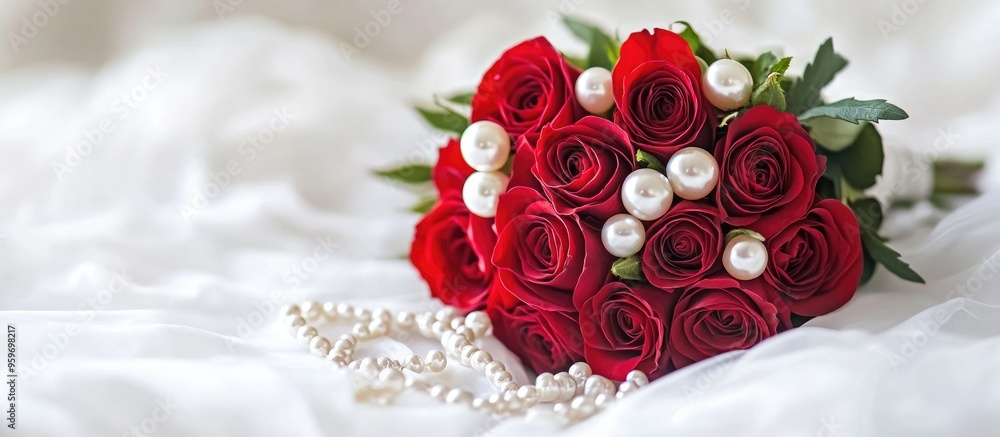Poster wedding bouquet featuring red roses and pearls set against a white background. with copy space image