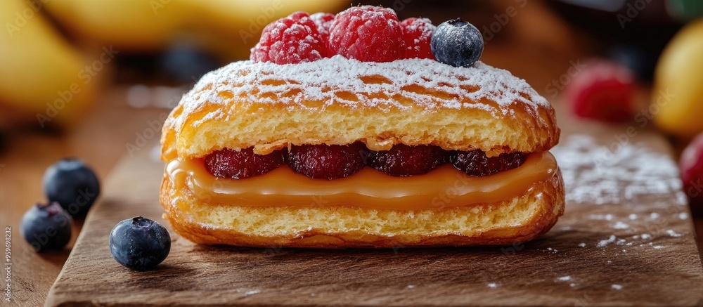 Aufkleber bomb filled with dulce de leche a traditional brazilian eclair sliced in half with fruit placed on a