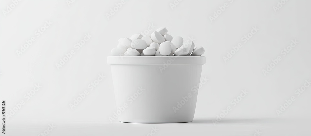 Aufkleber white tablets in a container on a white background. with copy space image. Place for adding text or design