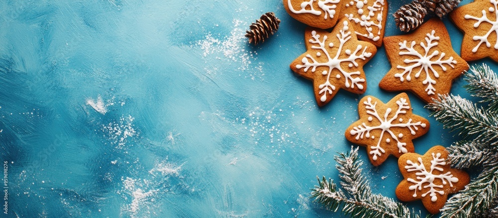 Poster Christmas gingerbread cookies on a blue backdrop Christmas setting Festive scene. with copy space image. Place for adding text or design