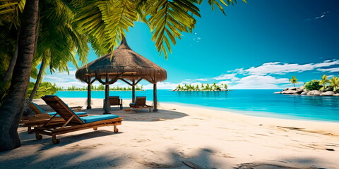 Fototapeta premium tropical island with palm trees, a pristine sandy beach, crystal-clear turquoise waters, and a couple lounging under a thatched beach umbrella.