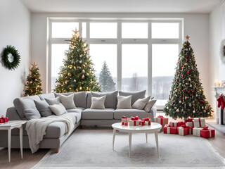 large white living room with a vintage grey sofa and a large Christmas tree with gifts and panoramic window