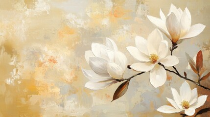 Abstract oil painting of white magnolia flowers on a beige background, vintage floral wallpaper for wall art design or interior decoration.
