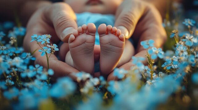 Close-Up of Newborn Baby&rsquo;s Feet in Father&rsquo;s Hands, Top View with Focus on Fingers and Toes, Blue Tones and Soft Lighting, Warm Family Atmosphere, High-Resolution Stock Photo with Copy Space

