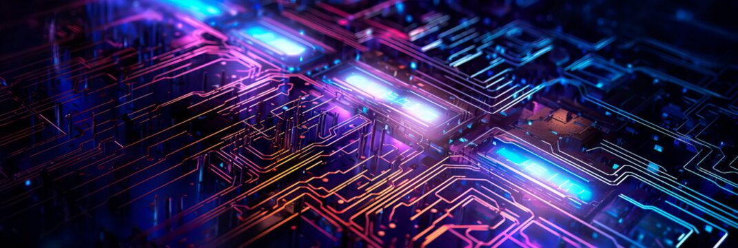 dynamic circuit board illustration texture that incorporates vibrant neon colors. - Powered by Adobe