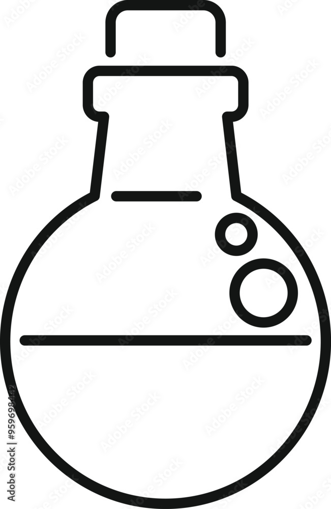 Poster simple black and white line drawing of a round bottom flask with bubbles, perfect for representing c