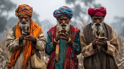Obraz premium Three elderly Indian men dressed in traditional attire are engrossed in using their smartphones against a foggy rural backdrop, showcasing the blend of tradition and modern technology. 