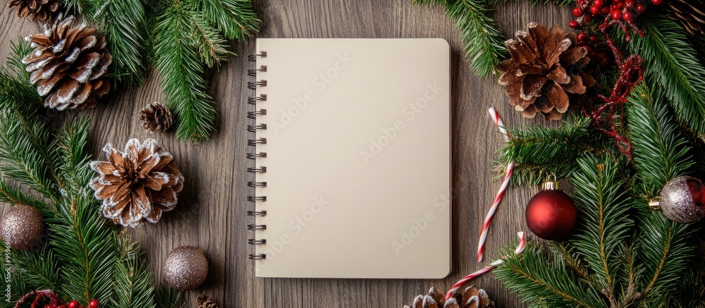 Poster christmas arrangement featuring a blank notebook with space for copy