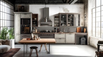 A stylish, modern kitchen interior featuring a blend of rustic and contemporary design elements, perfect for home decor inspiration. 