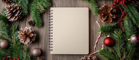 Obraz premium Christmas arrangement featuring a blank notebook with space for copy