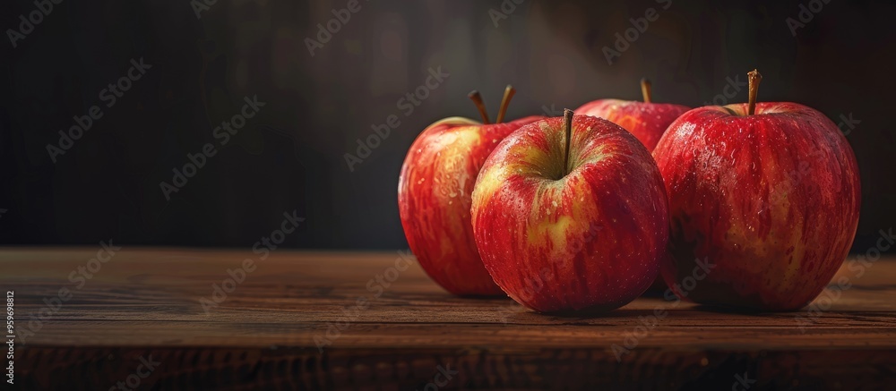 Fototapete red apple on a black wooden table background. with copy space image. place for adding text or design