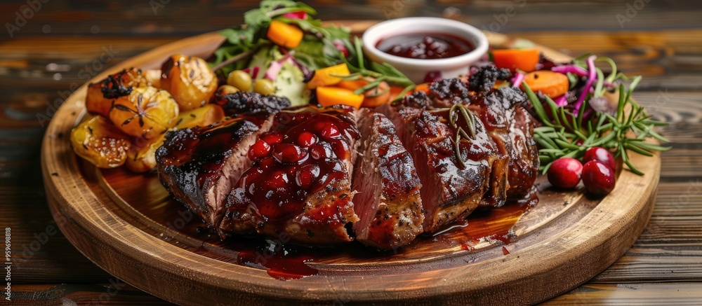 Poster Delicious roasted meat accompanied by cranberry sauce salad and roasted vegetables on a plate set against a wooden background. with copy space image. Place for adding text or design