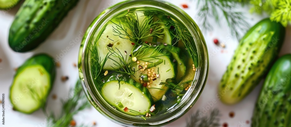 Poster glass jar containing fresh cucumbers and dill for pickling vegetables set against a white background