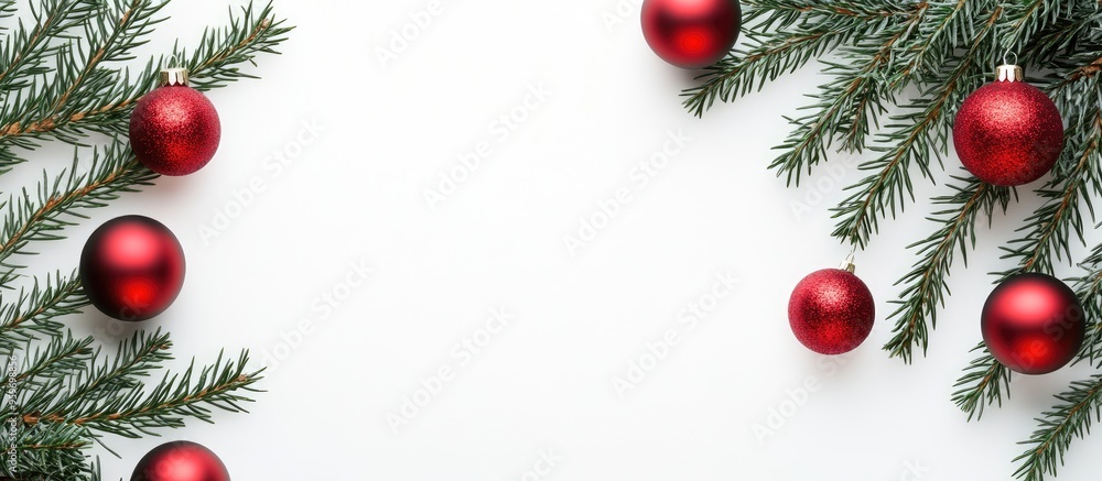 Poster minimal christmas arrangement fir tree branches with red christmas ornaments on a white background t