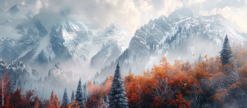 Fototapete autumn transitions to winter on the trees and mountains. with copy space image. place for adding tex