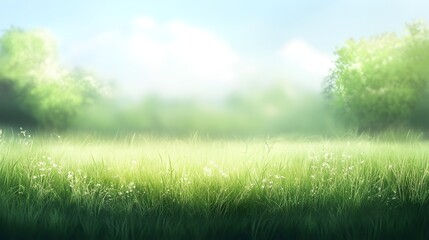 A serene and lush green meadow bathed in soft sunlight, perfect for nature-themed projects and designs. 