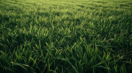 Obraz premium Lush green rice fields under natural light create a serene agricultural landscape. 