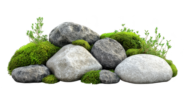 Moss covered rocks and green plants isolated transparent background