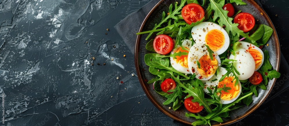 Aufkleber egg salad with fresh vegetables includes a mix of spinach arugula and lettuce along with boiled eggs