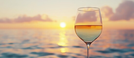Obraz premium A glass of chilled white wine in the evening to savor while watching the sunset on the horizon over the water. with copy space image. Place for adding text or design