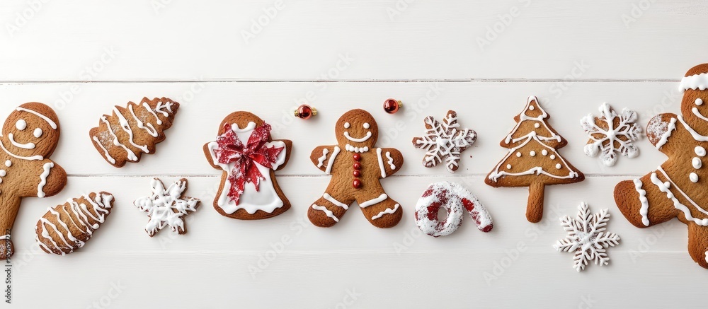 Aufkleber Christmas gingerbread adorned with festive decorations on a white wooden table Background for the Christmas holiday. with copy space image. Place for adding text or design